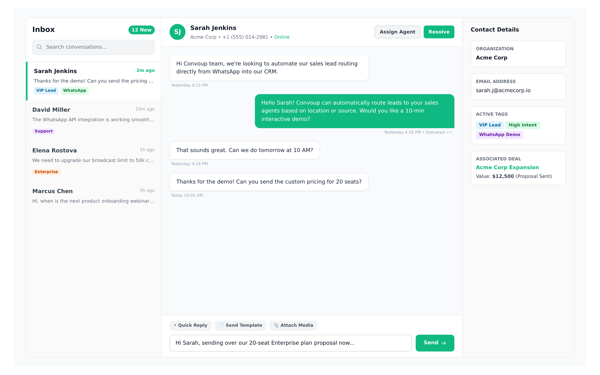 Convoup Shared Team Inbox showing real-time conversation assignment